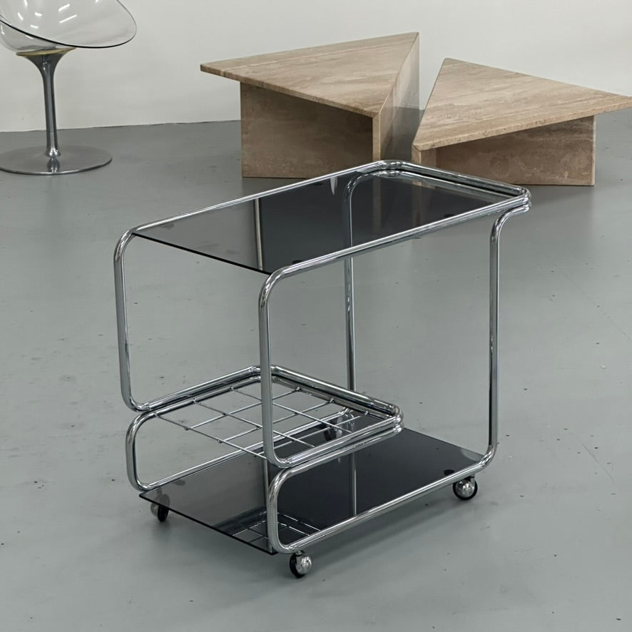 1970S ITALIAN CHROME AND SMOKED GLASS BAR CART