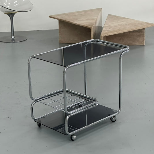 1970S ITALIAN CHROME AND SMOKED GLASS BAR CART