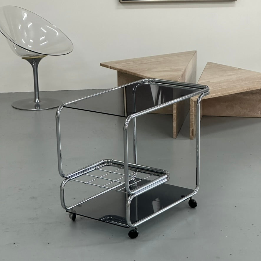 1970S ITALIAN CHROME AND SMOKED GLASS BAR CART