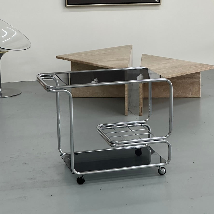 1970S ITALIAN CHROME AND SMOKED GLASS BAR CART